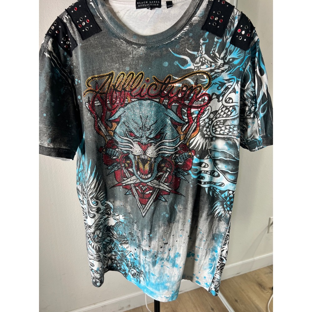 Affliction Black Label Mens T-Shirt Rhinestone Studded Dragon Panther Gray Blue